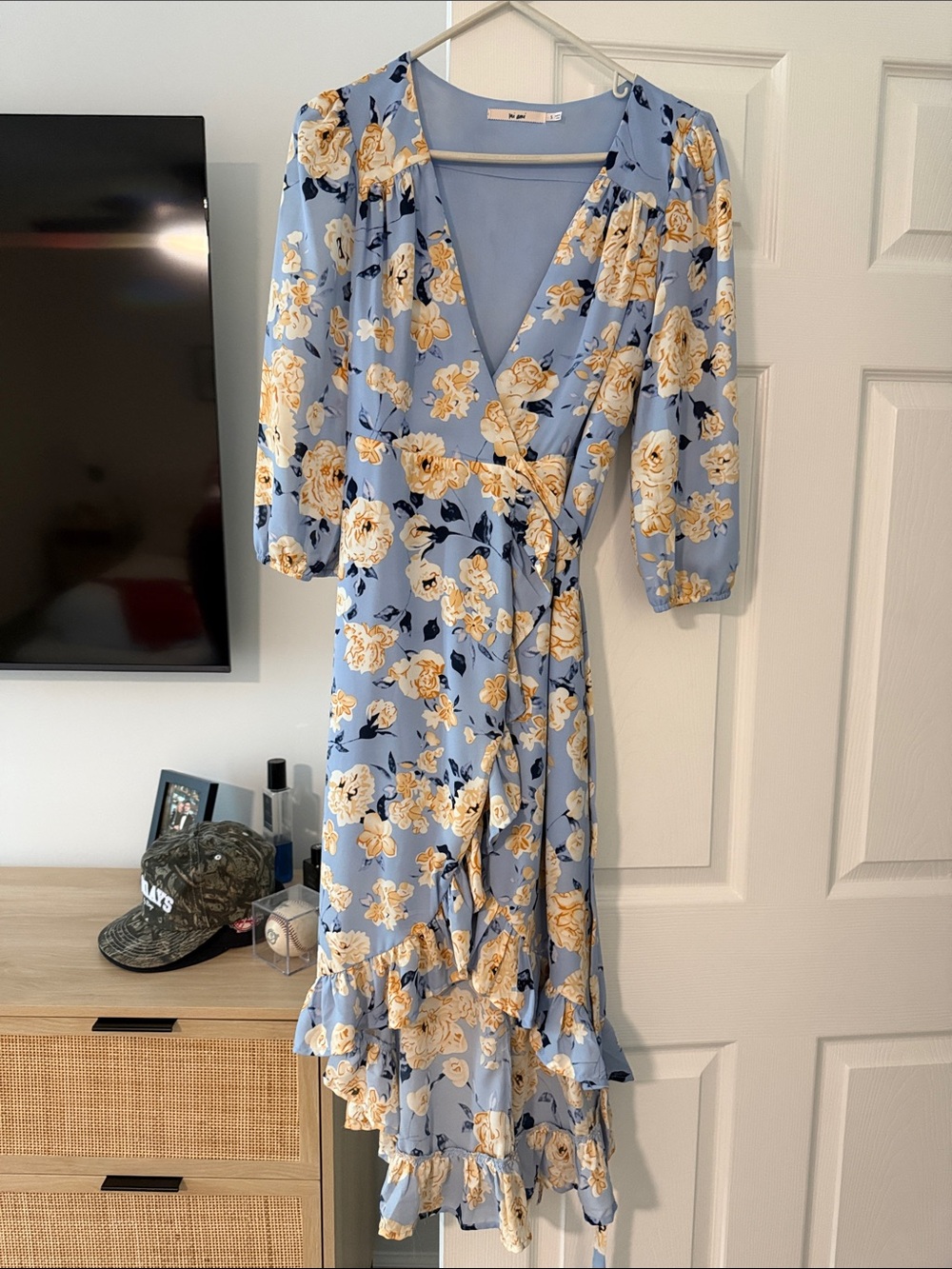 miami Light Blue Floral Wrap Midi Dress with Yellow Bloom